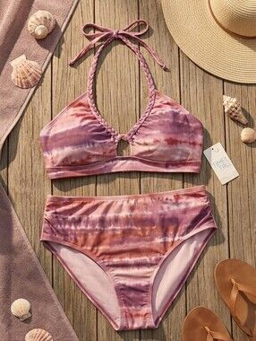 Time and Tru Women's Tie Dye Braided Halter Bikini Top and tassel swim b…